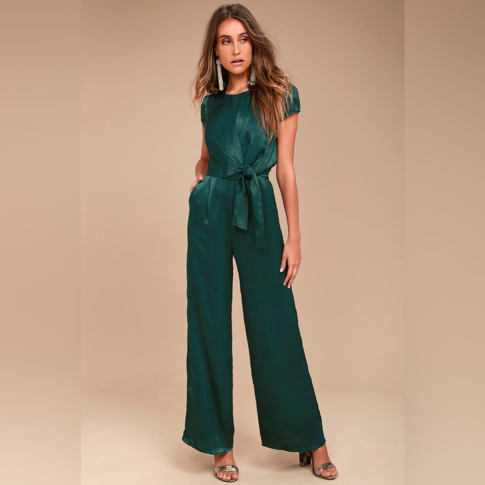 Let Me Entertain You Forest Green Satin Wide-Leg Jumpsuit